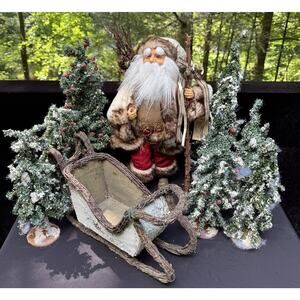 Vintage White Pine Christmas Santa Standing Figure Wood Bark Sleigh & Trees Lot